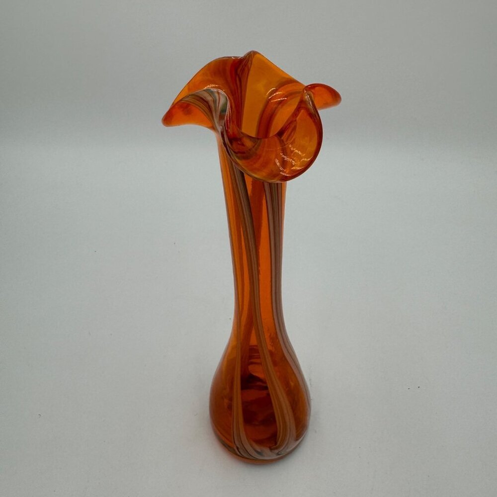 Wales Vintage Art Glass Bud Vase Hand Blown Ruffled Rim Orange striped ruffle to